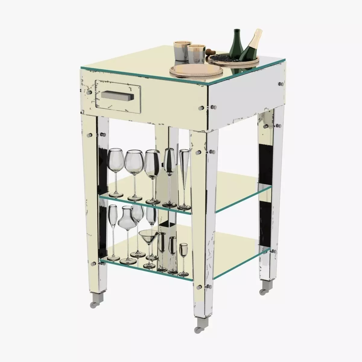 Adnet Rare Mirrored Art Deco Refraicher with botlle and glasses 3D model_0