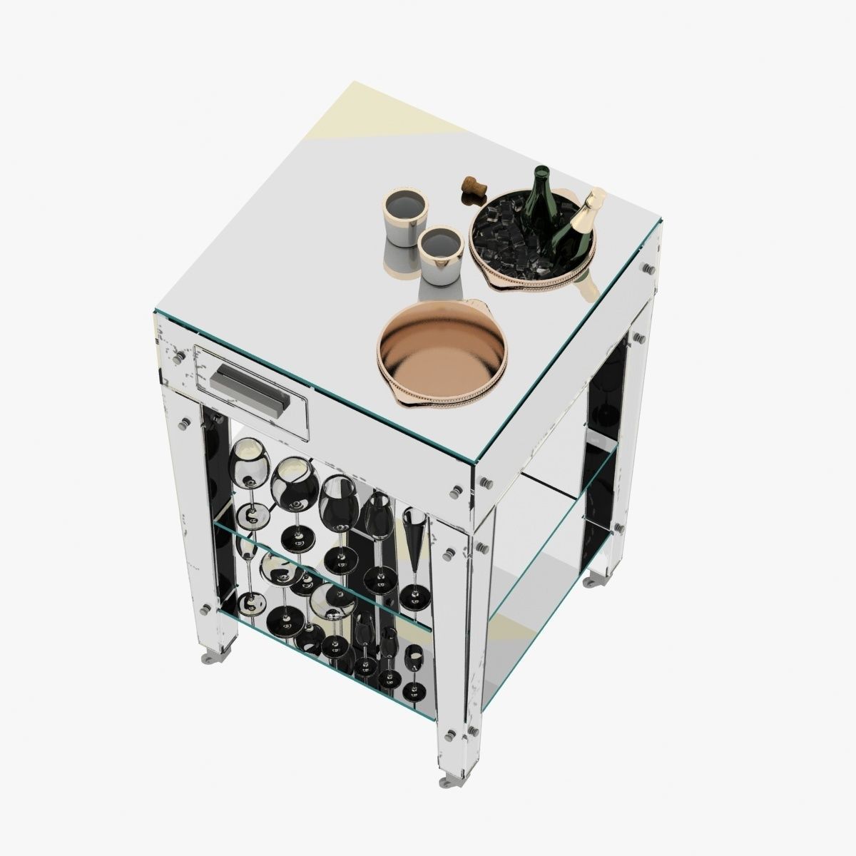 Adnet Rare Mirrored Art Deco Refraicher with botlle and glasses 3D model_1