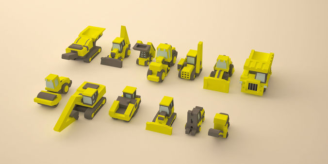 Set of construction machinery low-poly 3D print model