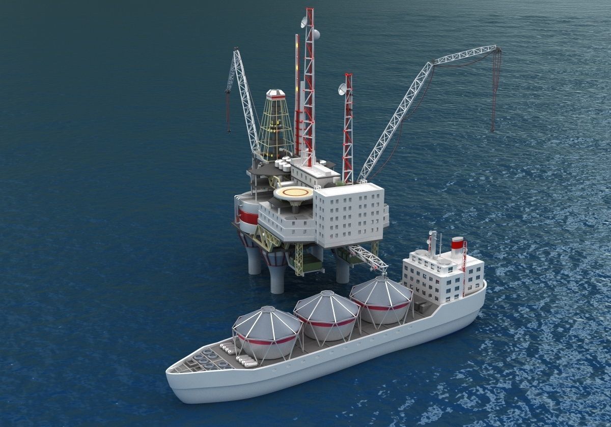 Offshore oil rig drilling platform and tanker 3D model_1
