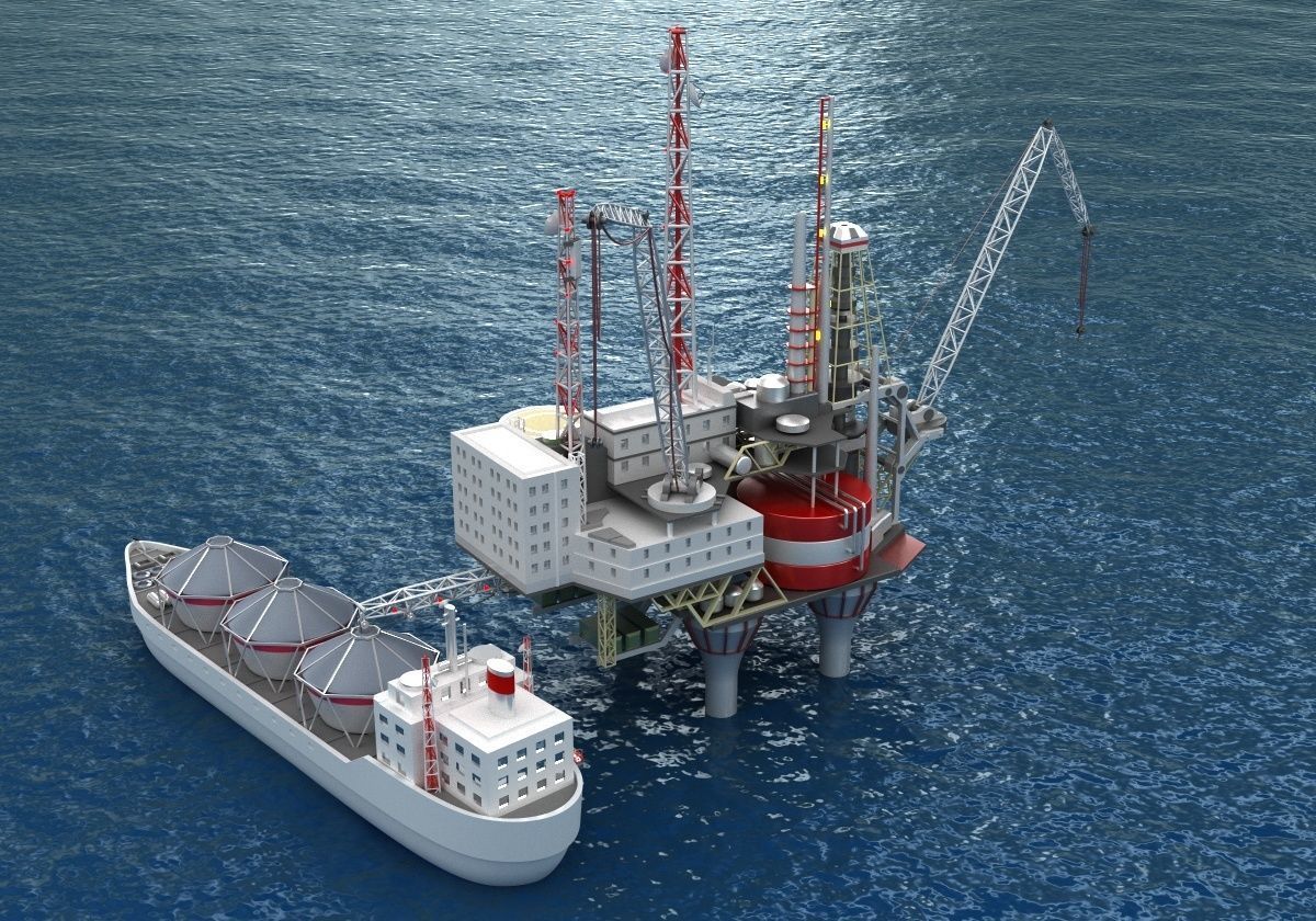 Offshore oil rig drilling platform and tanker 3D model_9