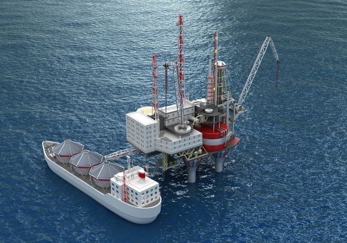 Offshore oil rig drilling platform and tanker 3D model