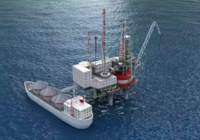 Offshore oil rig drilling platform and tanker 3D model