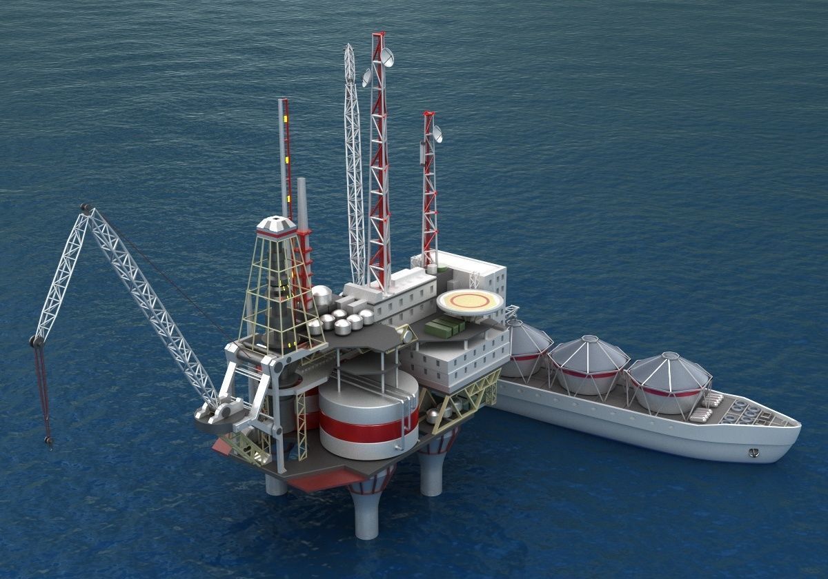 Offshore oil rig drilling platform and tanker 3D model_2