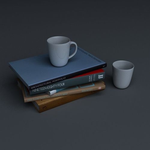 Stack of books and two mugs Free 3D model