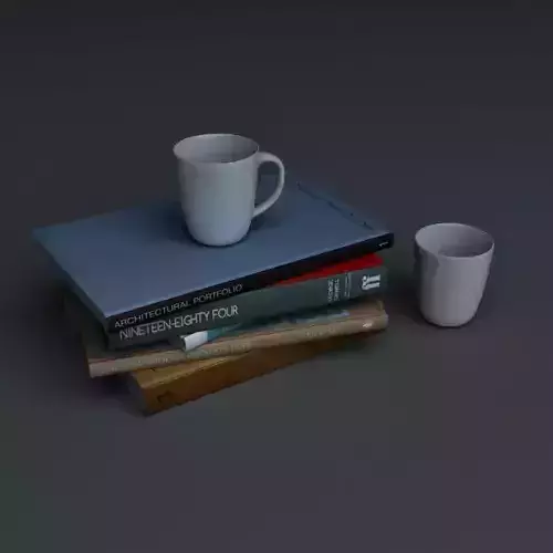 Stack of books and two mugs Free 3D model