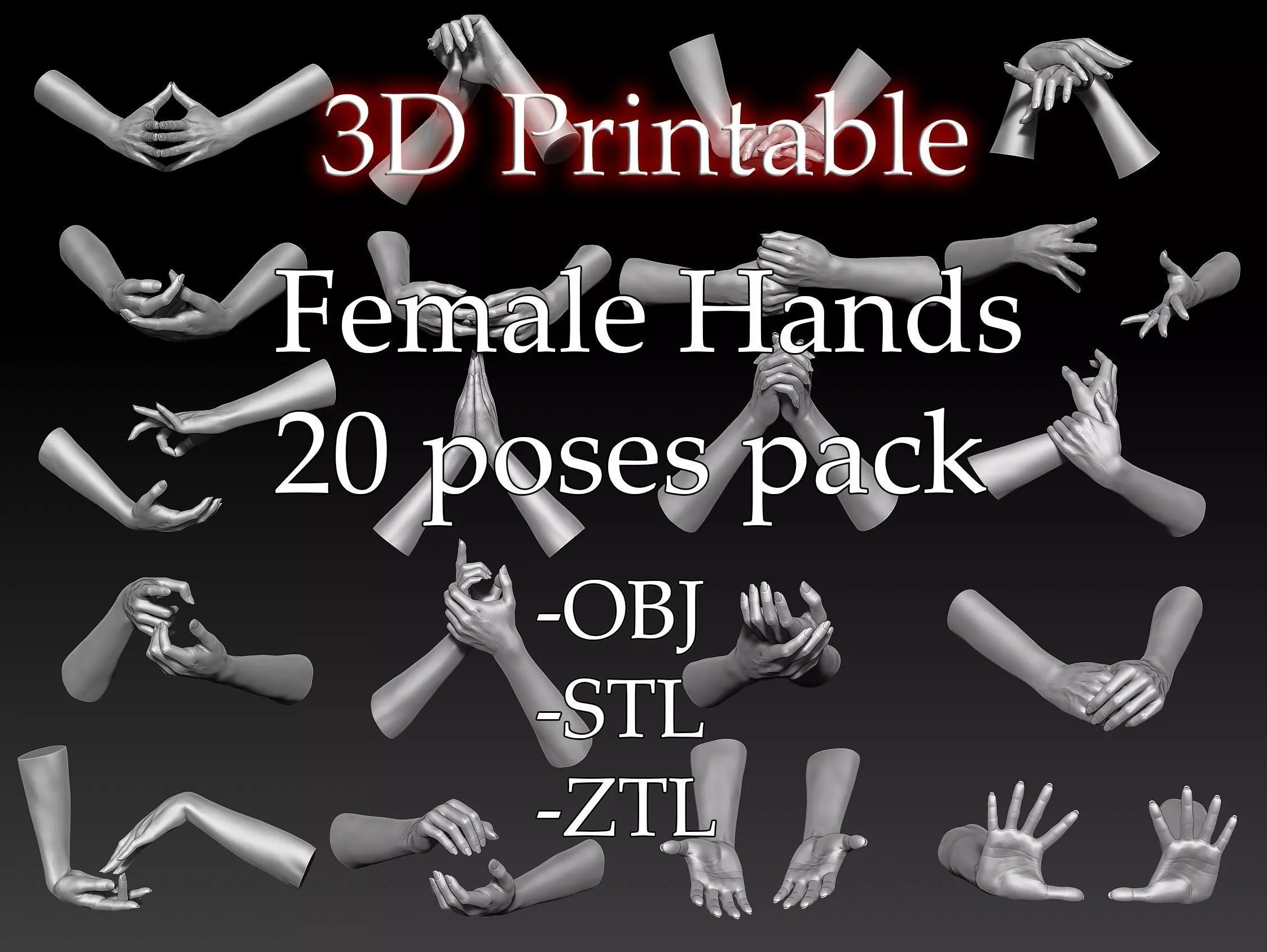 3D Printable Female Hands 20 poses pack 3D model_0
