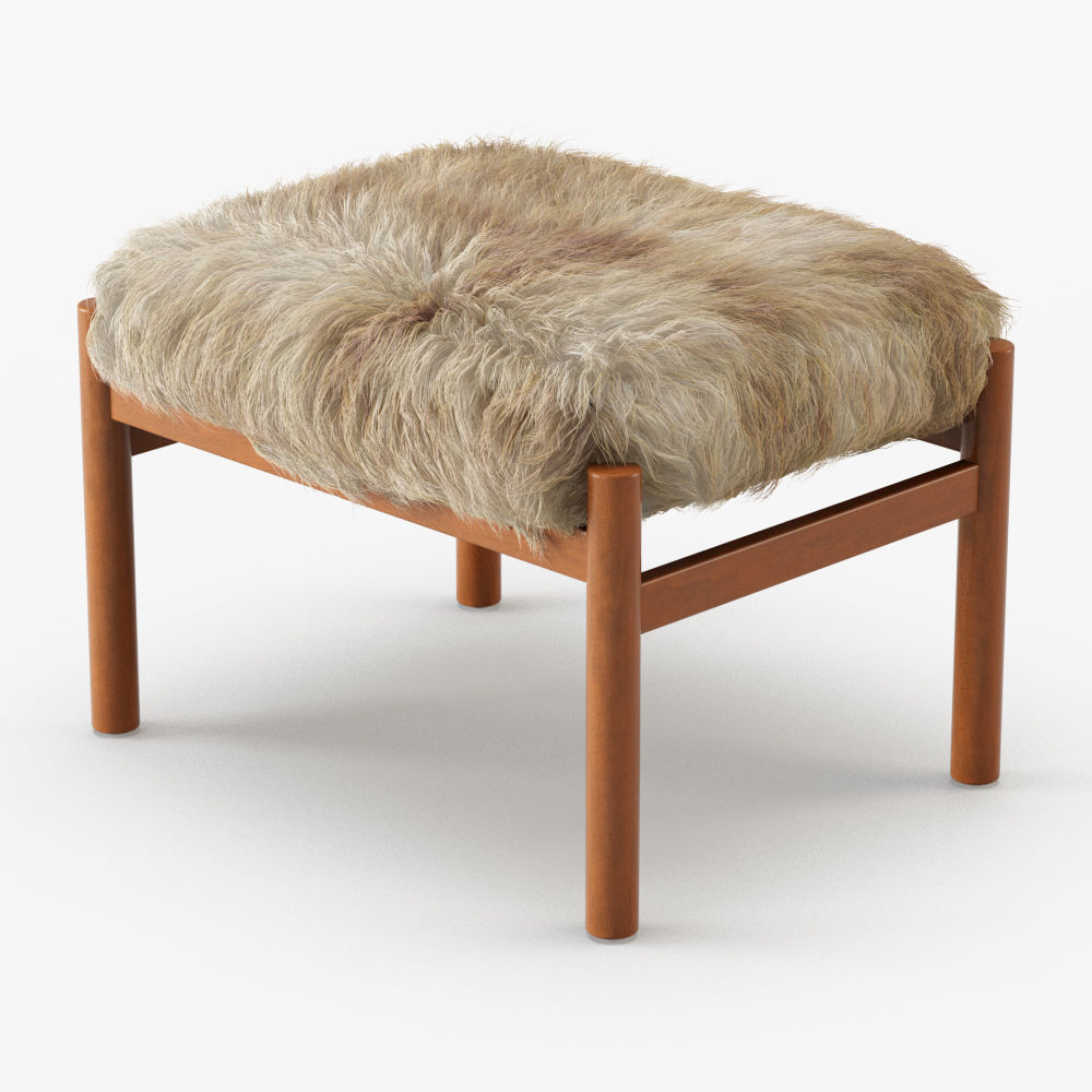 Modern Teak Stool Sheepskin 3D model_1