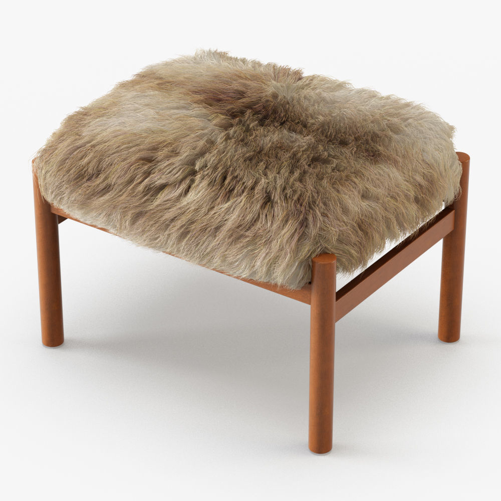 Modern Teak Stool Sheepskin 3D model_2