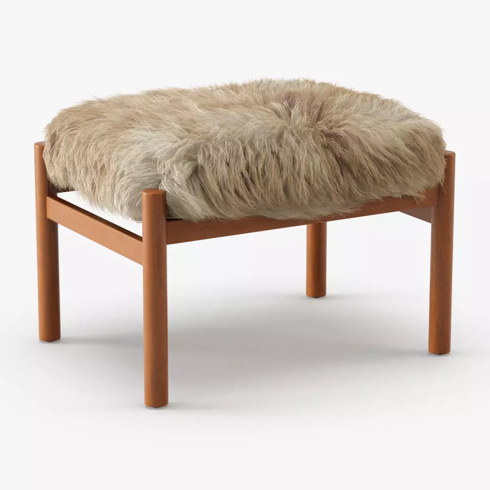 Modern Teak Stool Sheepskin 3D model_0