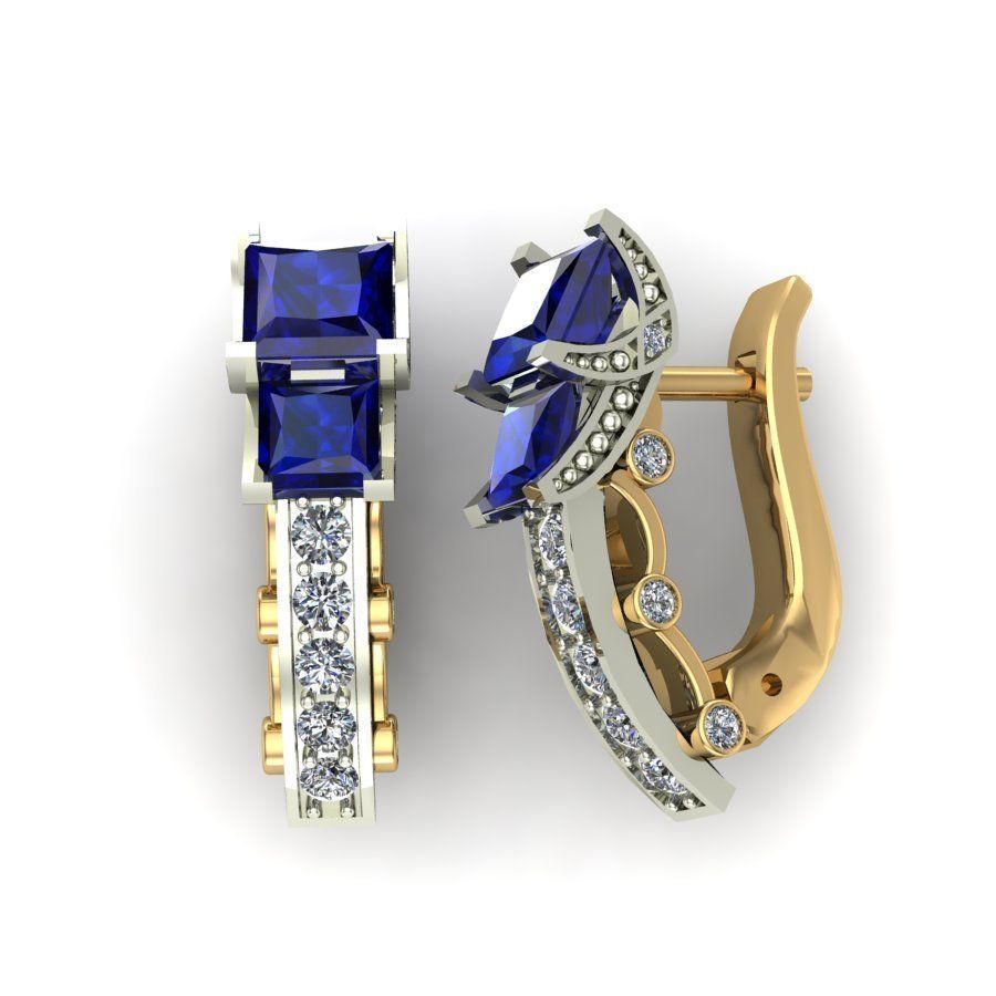 Earrings with square sapphires and diamonds 3D print model