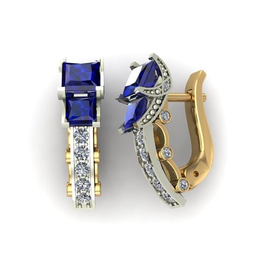 Earrings with square sapphires and diamonds 3D print model