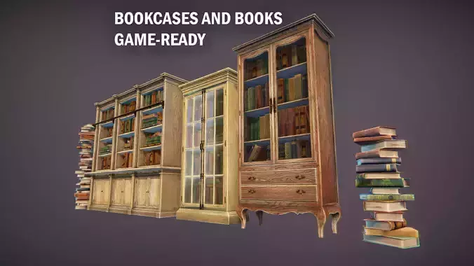 Bookcases and books Low-poly 3D model