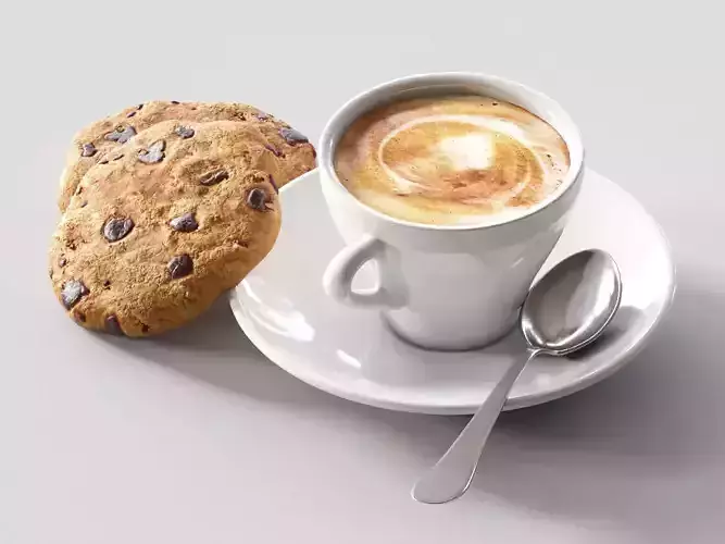 coffee cup of and chocolate chip cookie on saucer 3D model