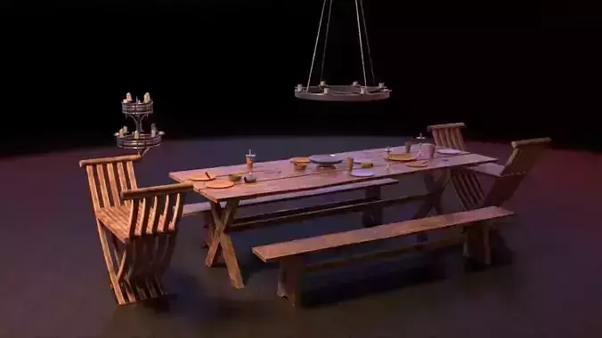 Medieval Dining Table Set Low-poly 3D model