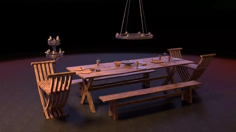 Medieval Dining Table Set Low-poly 3D model_0