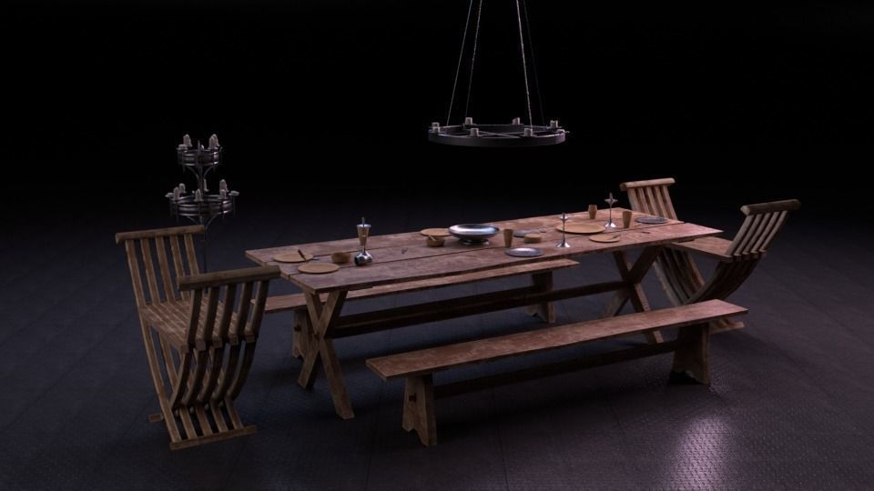 Medieval Dining Table Set Low-poly 3D model_1
