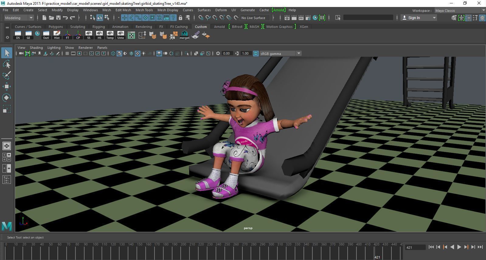 a girl kid playing skating tree - loopable 3D model_11
