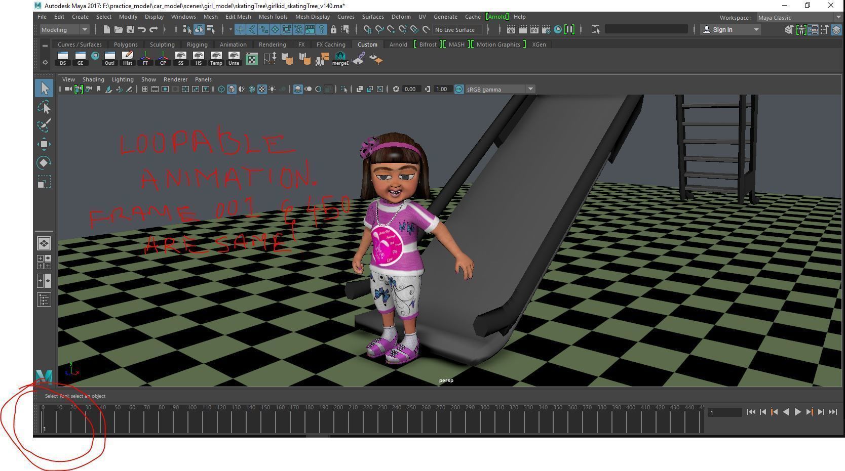 a girl kid playing skating tree - loopable 3D model_16