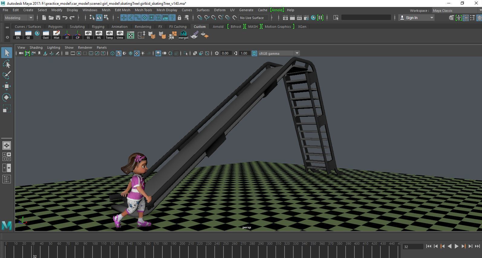 a girl kid playing skating tree - loopable 3D model_3