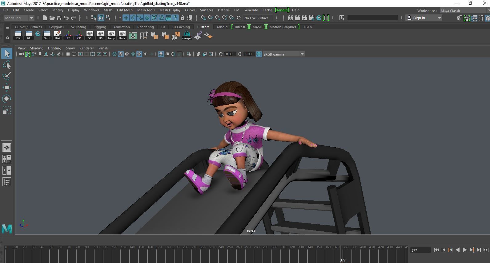 a girl kid playing skating tree - loopable 3D model_15