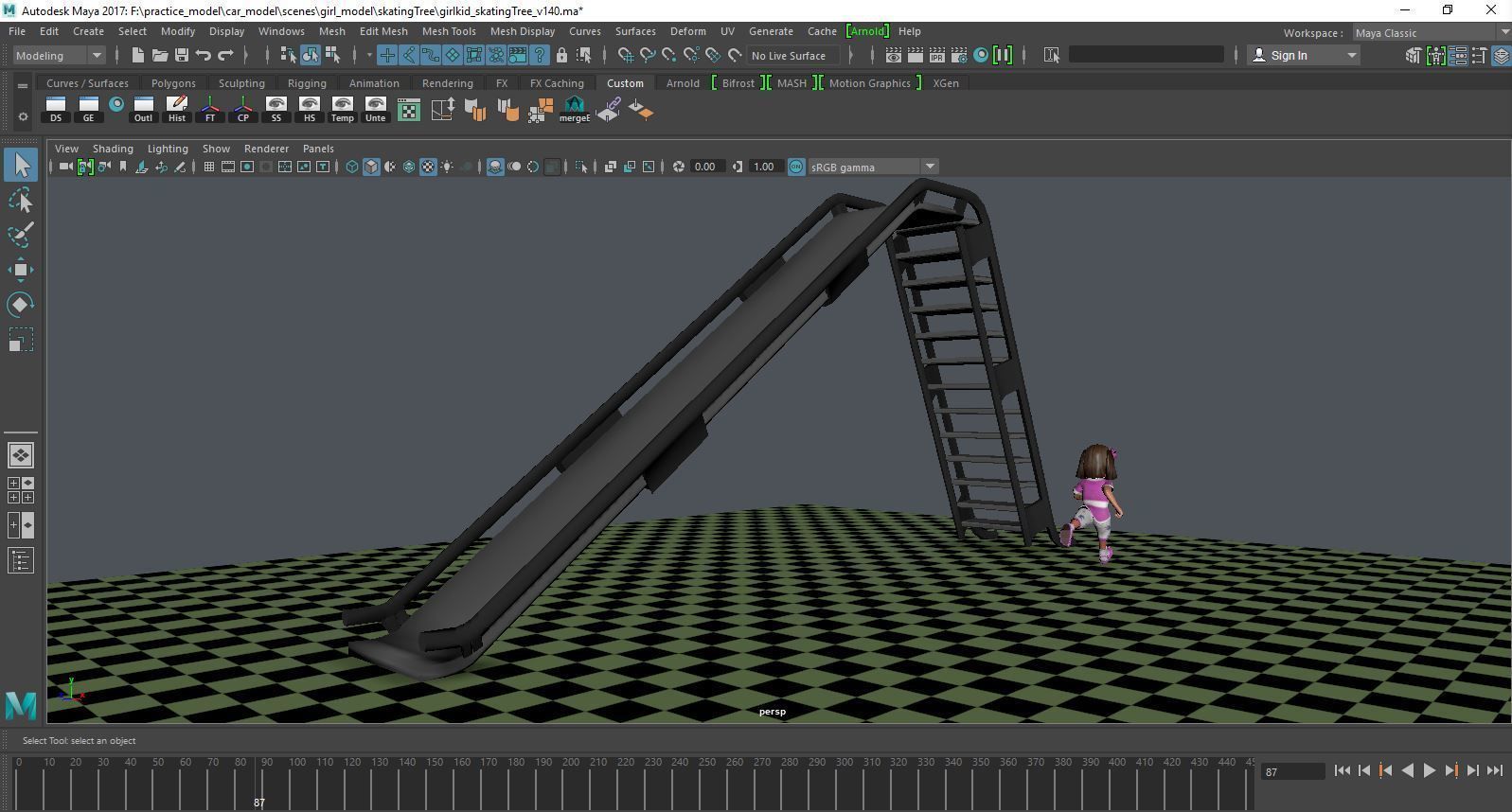 a girl kid playing skating tree - loopable 3D model_2