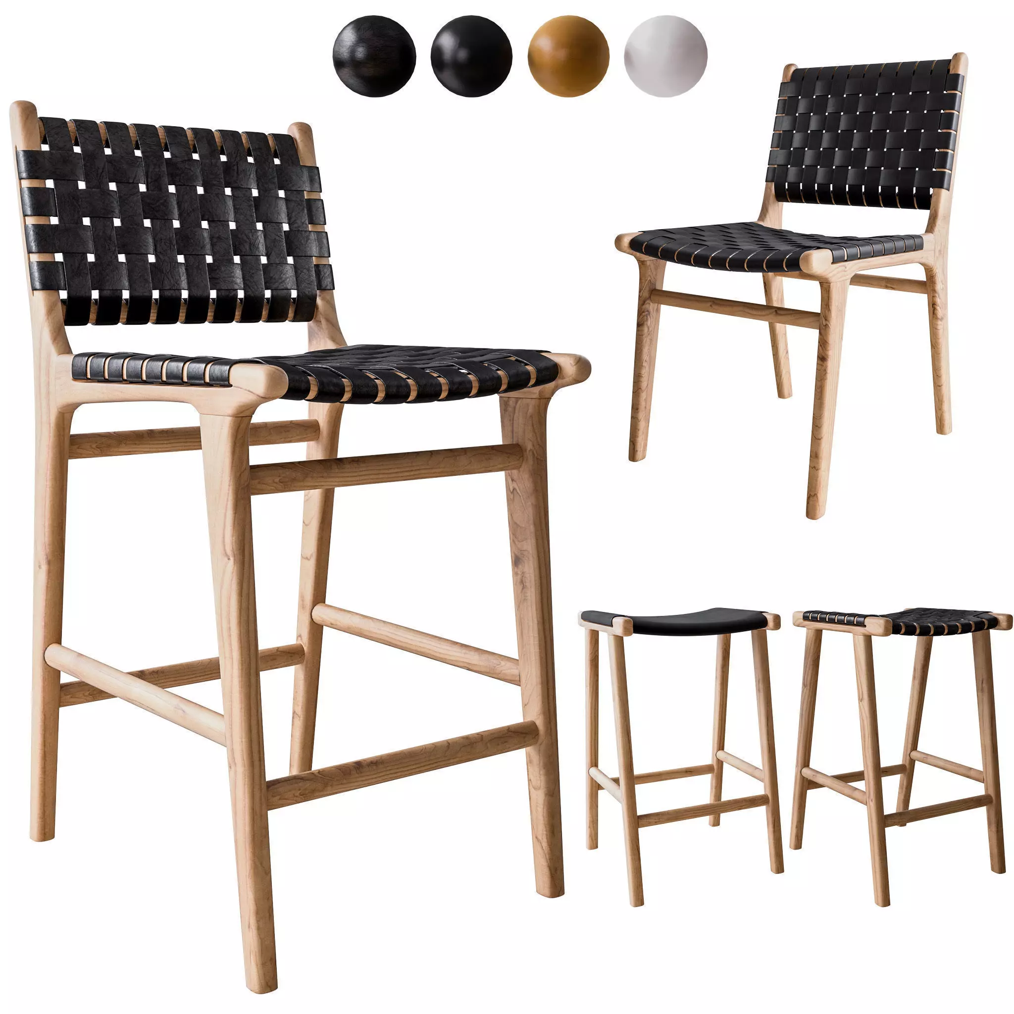 Flat and Leather Strapping Dining Chair and Stools 3D model_0