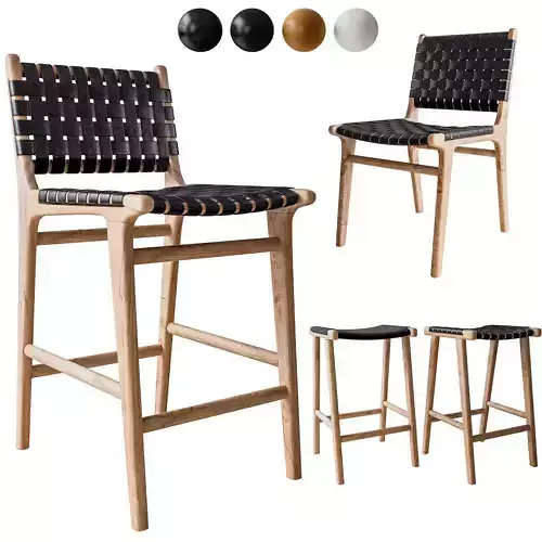 Flat and Leather Strapping Dining Chair and Stools 3D model