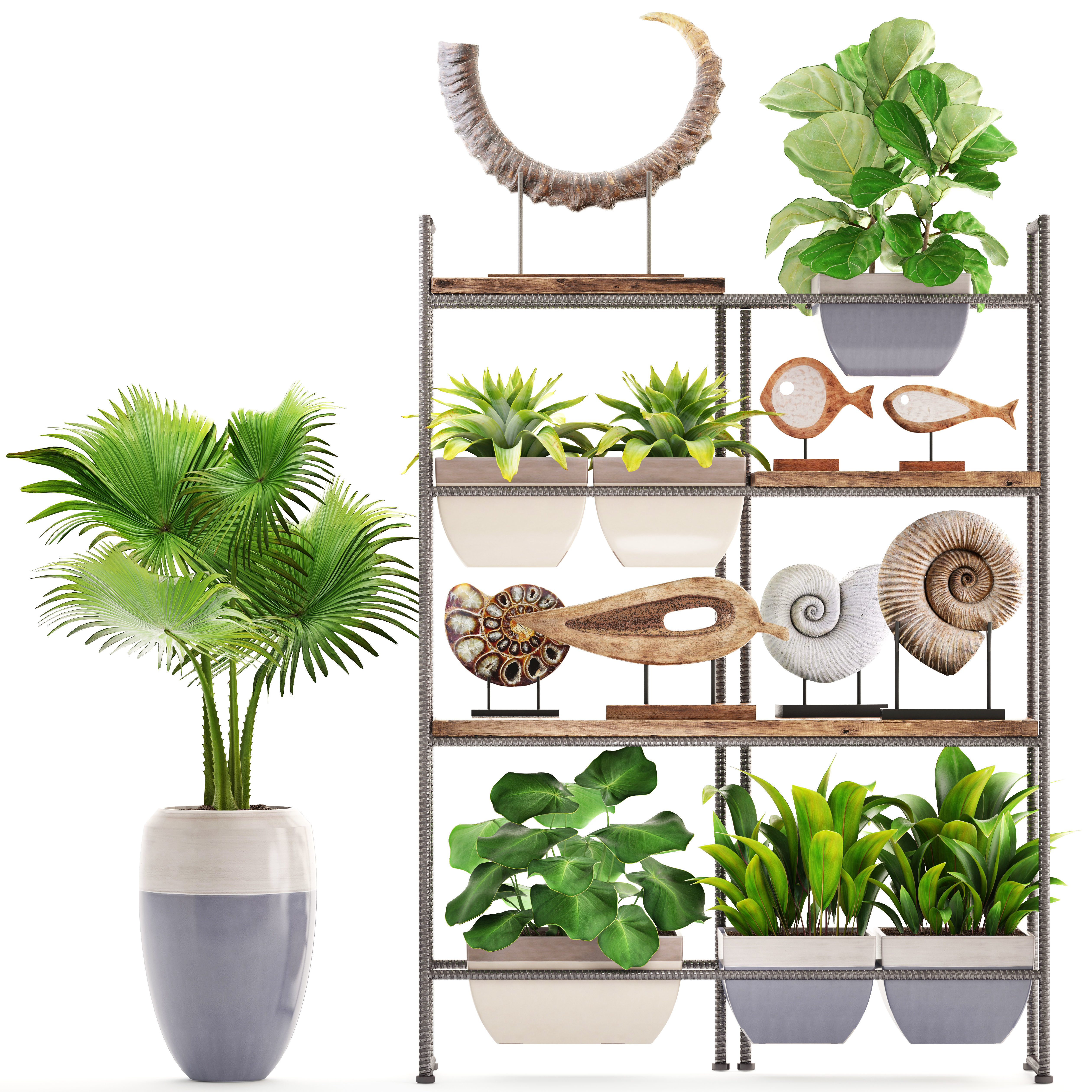rack with the decor of figurines and plants 3D model_5