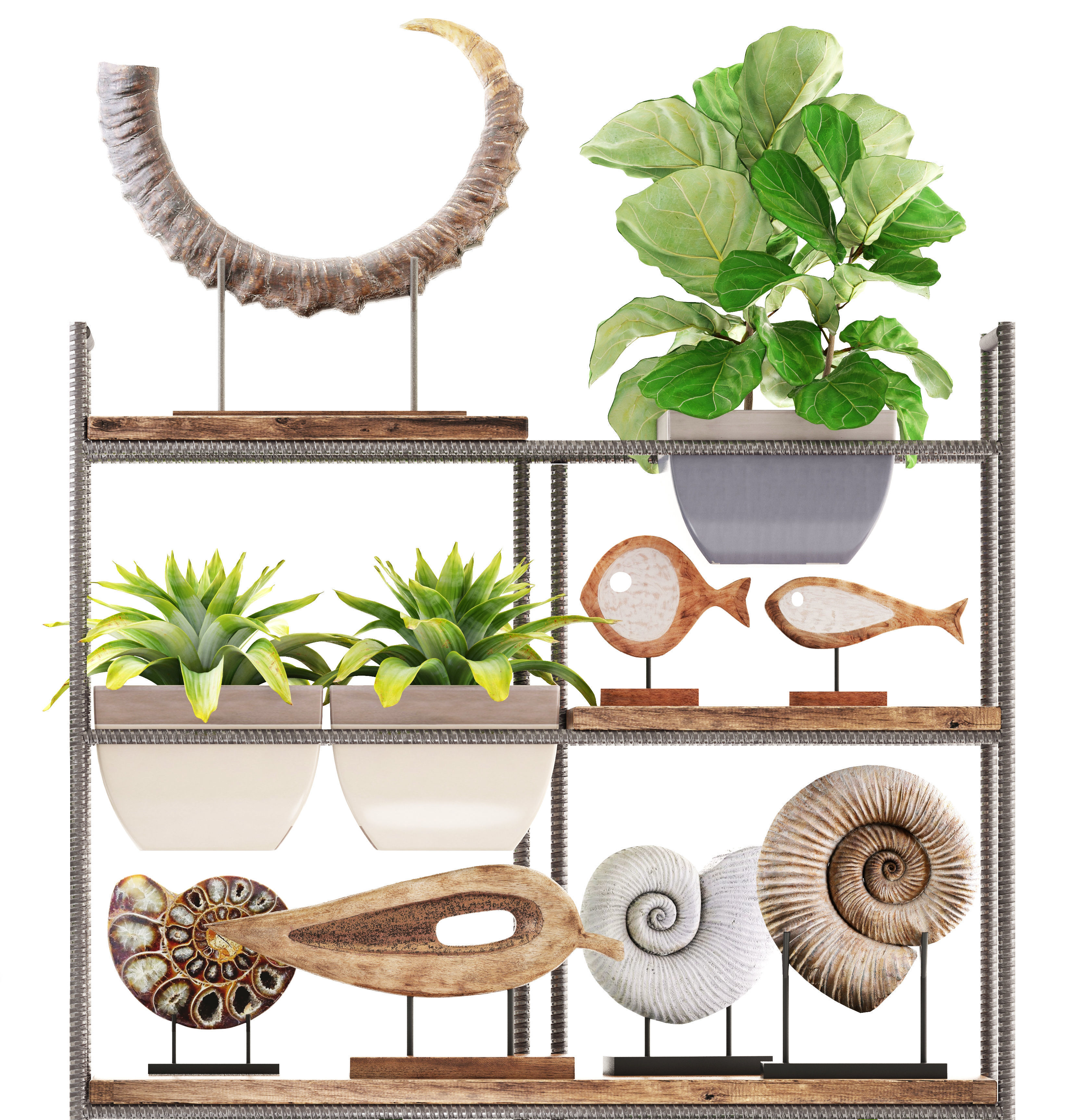 rack with the decor of figurines and plants 3D model_3