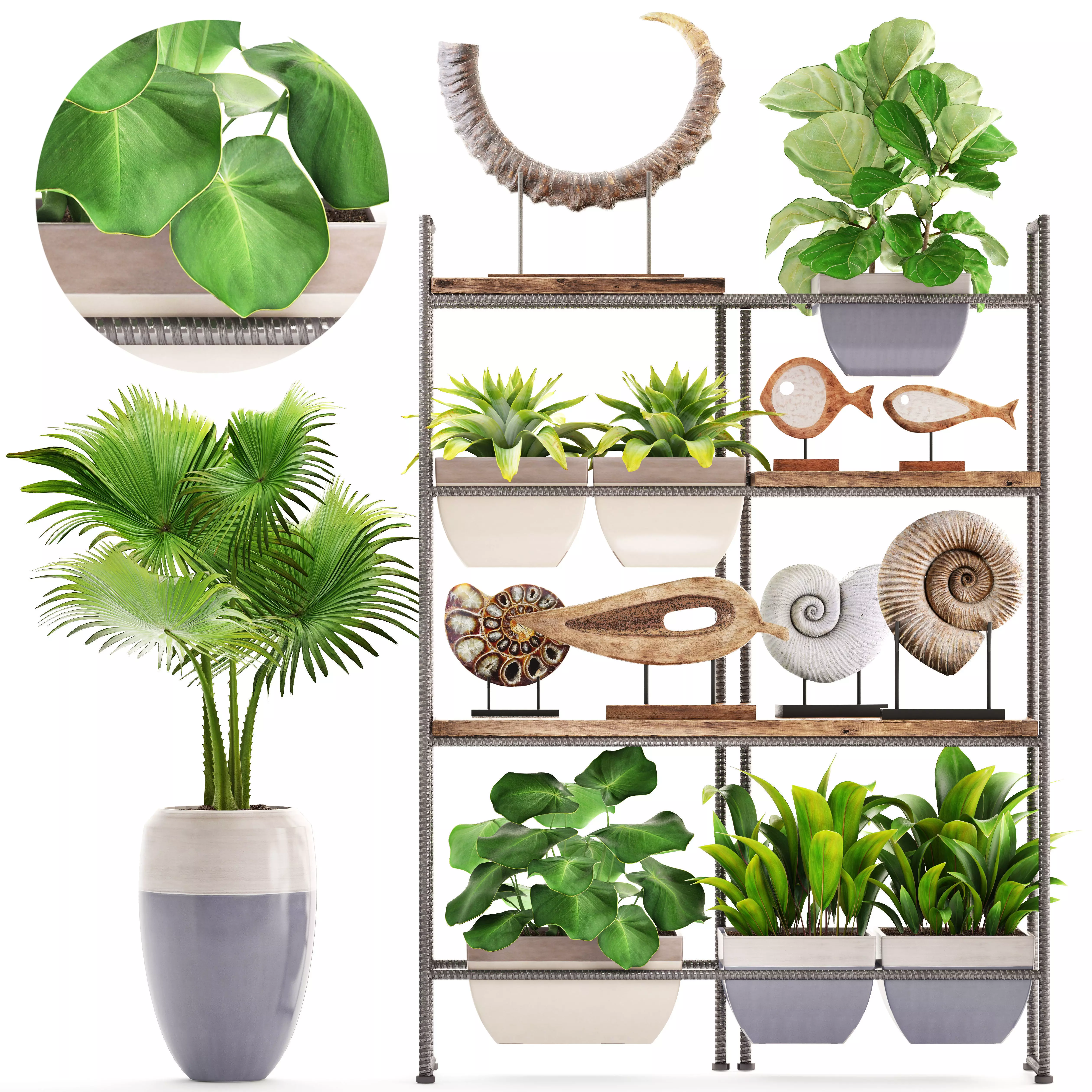 rack with the decor of figurines and plants 3D model_0