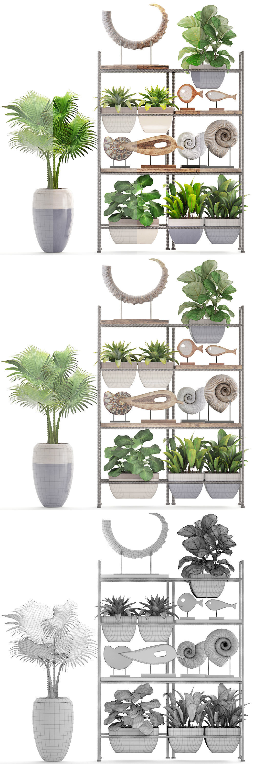 rack with the decor of figurines and plants 3D model_6