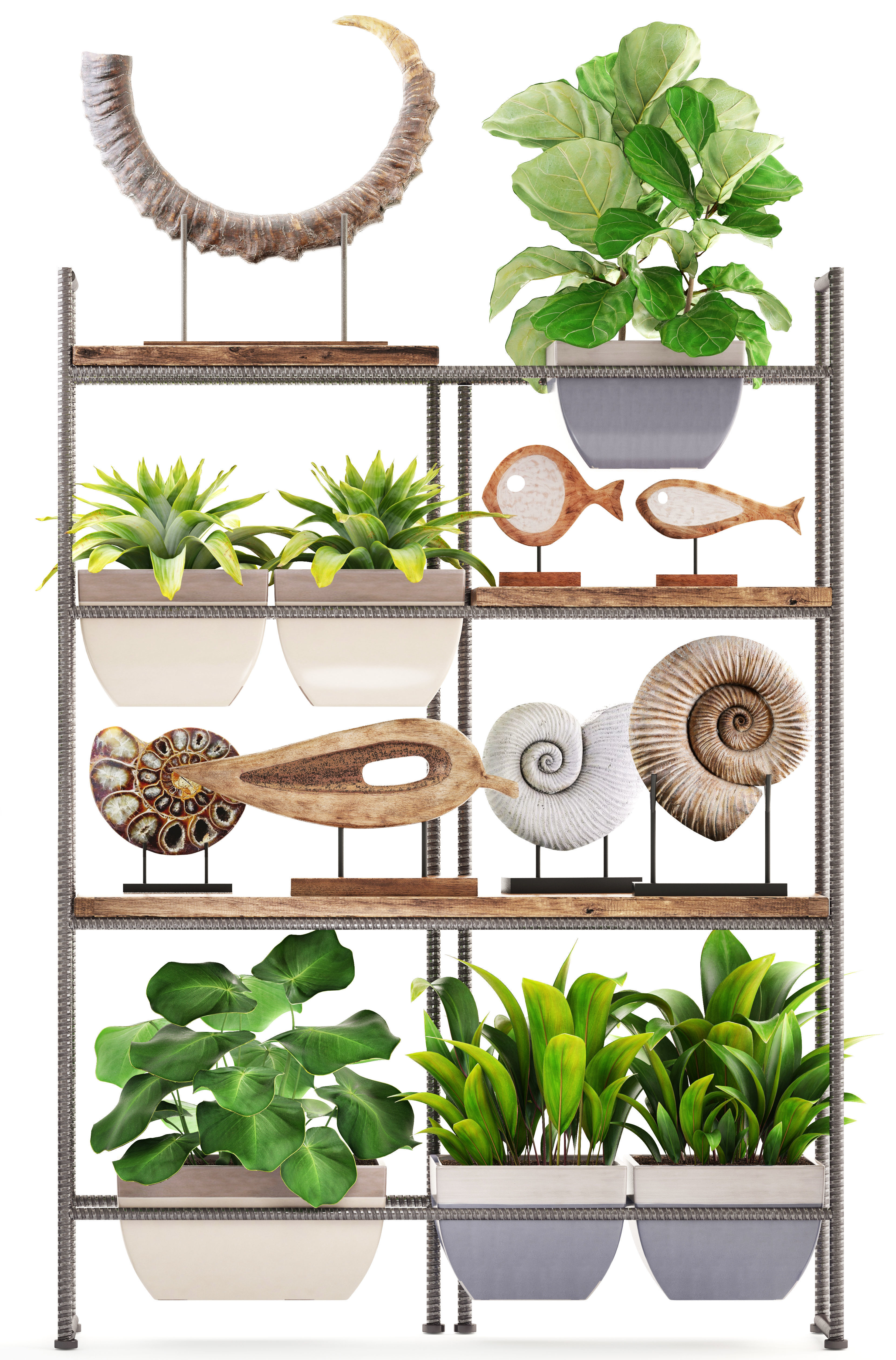 rack with the decor of figurines and plants 3D model_2