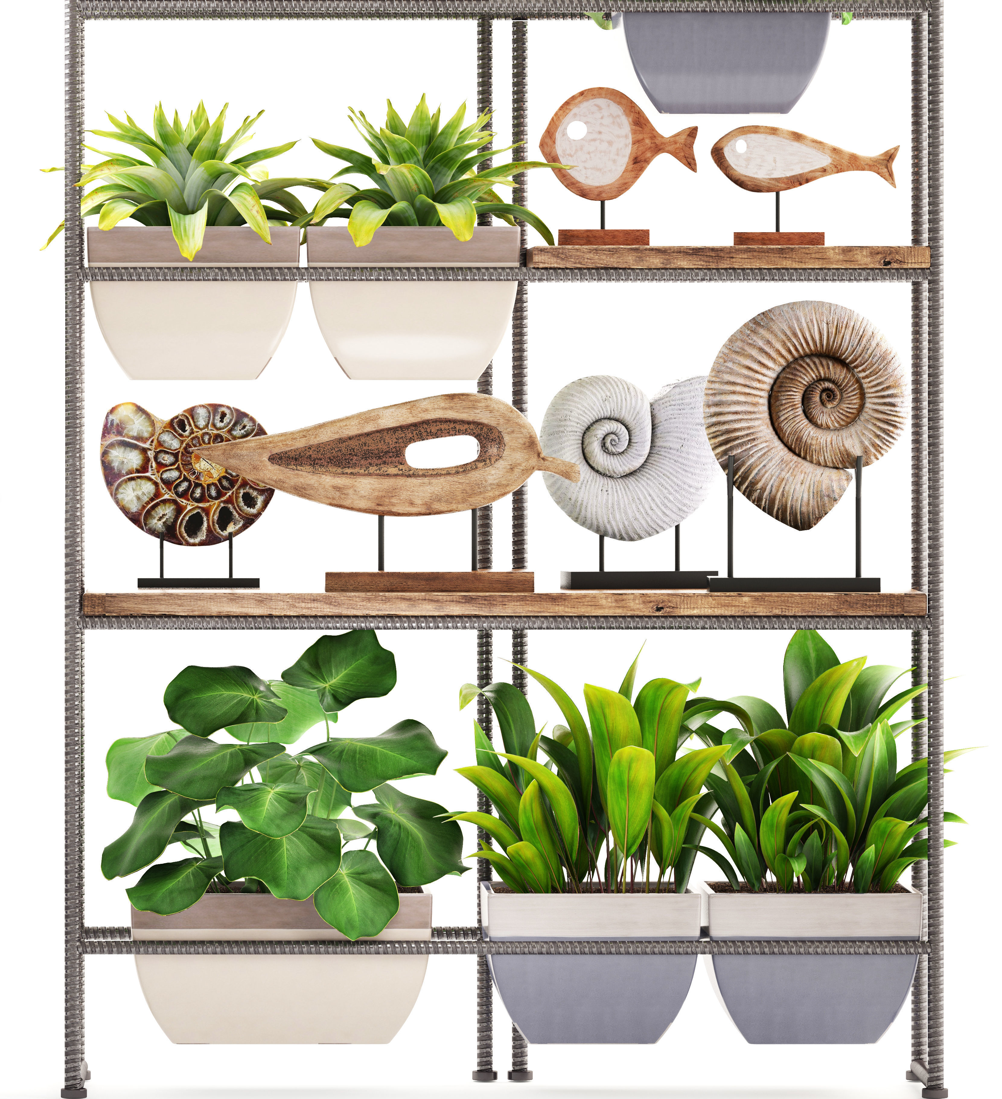rack with the decor of figurines and plants 3D model_1
