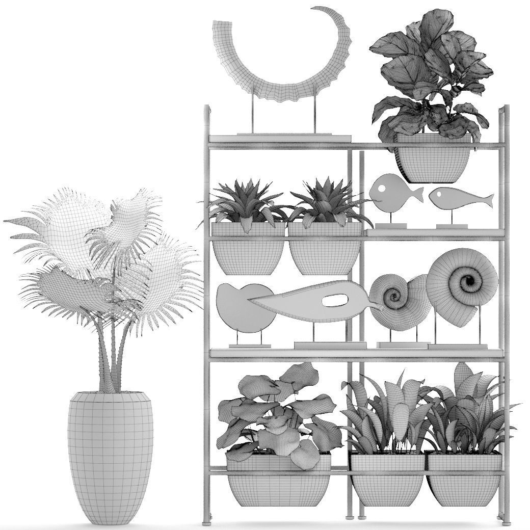 rack with the decor of figurines and plants 3D model_8