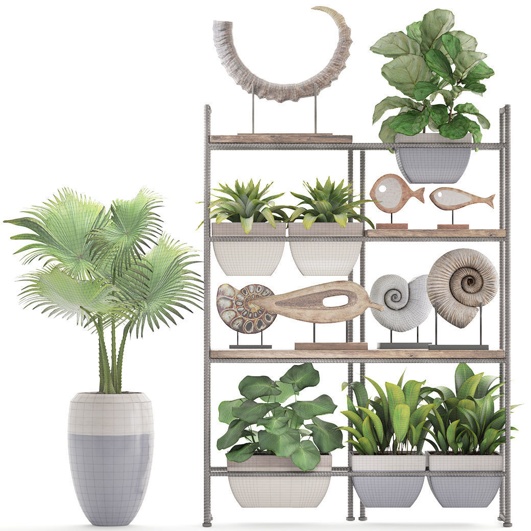 rack with the decor of figurines and plants 3D model_9