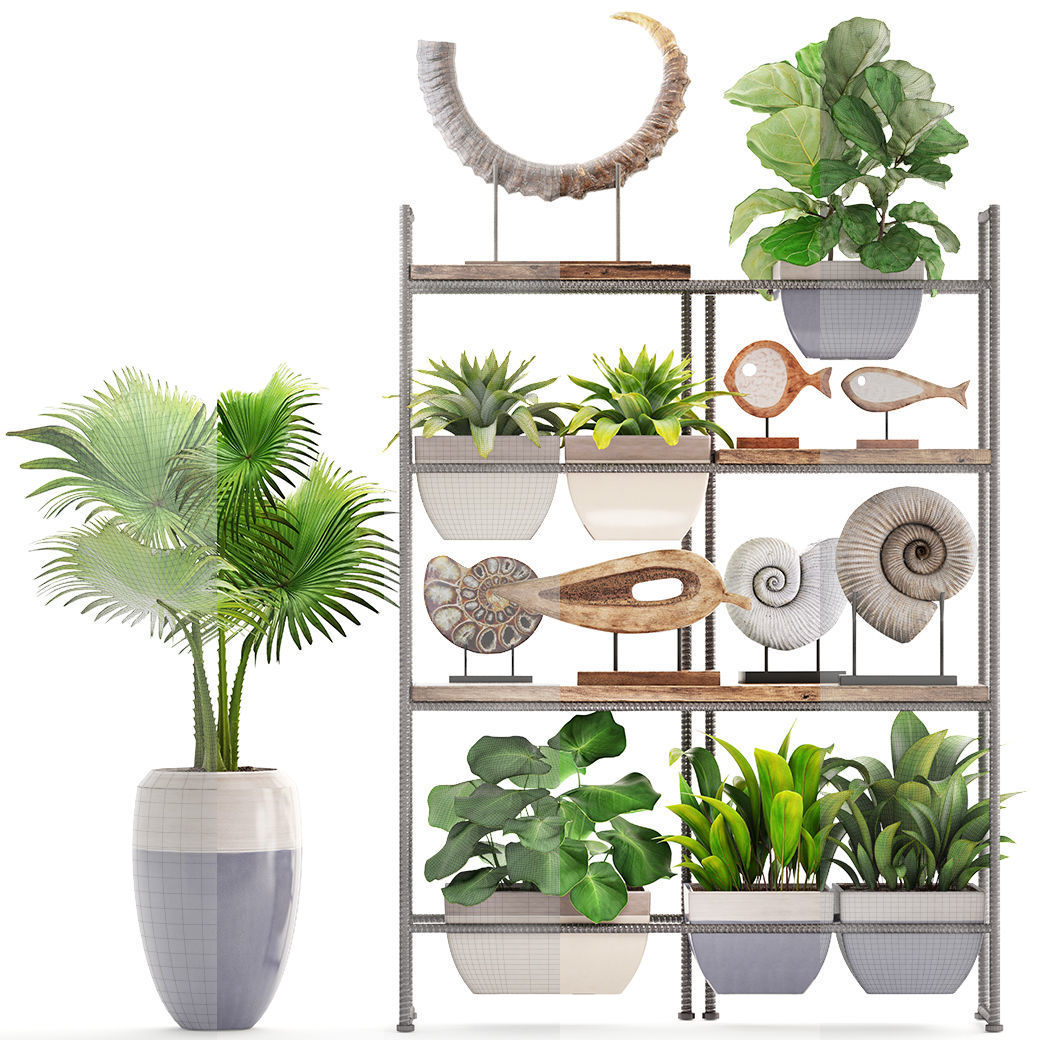 rack with the decor of figurines and plants 3D model_7