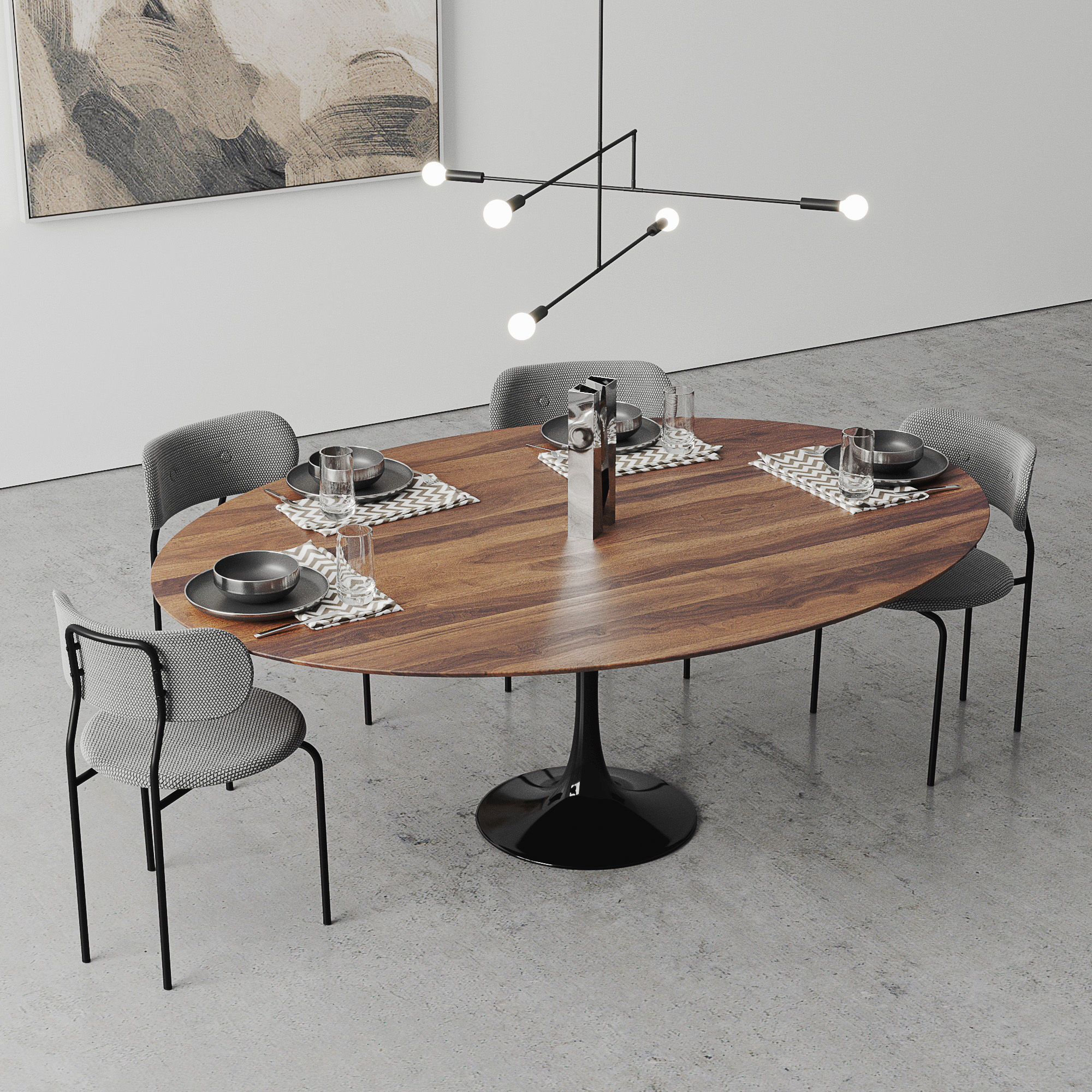 Oval Tulip Dining Table 78 inch walnut set 3D model_3
