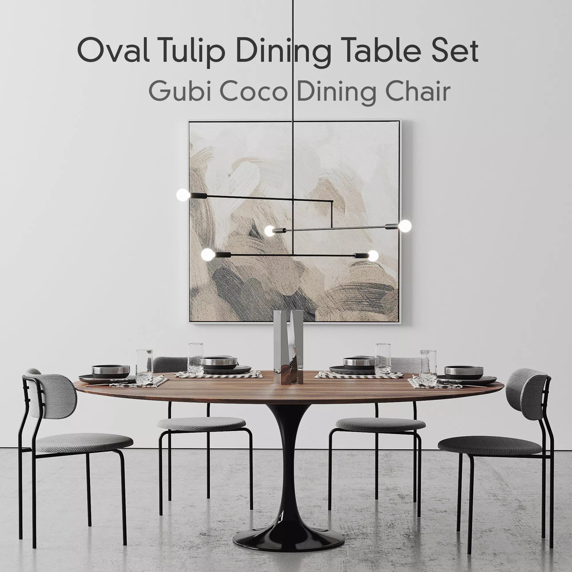 Oval Tulip Dining Table 78 inch walnut set 3D model_0