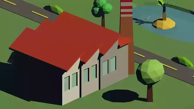 Low-poly factory house and tree