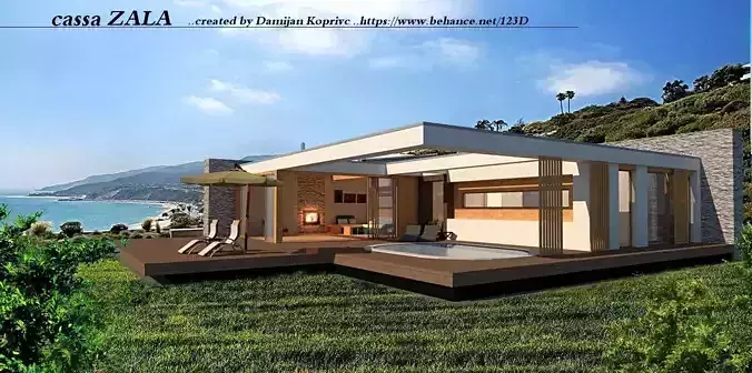 Modern house with pool -ZALA 80 Low-poly 3D model