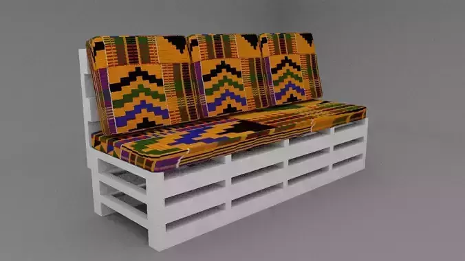 White Wood  Three Seater Sofa With African Ghanaian Kante Fabric