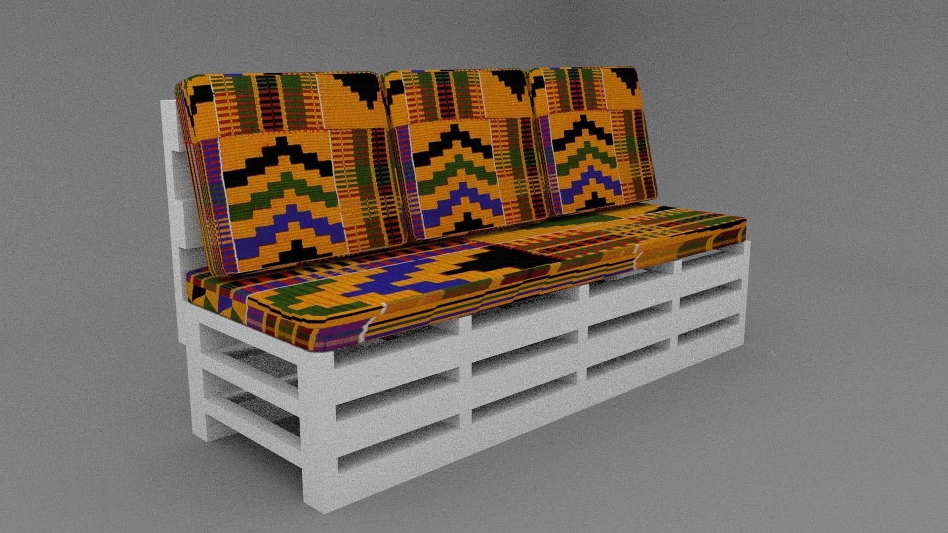 White Wood Three Seater Sofa With African Ghanaian Kante Fabric 3D model CGTrader