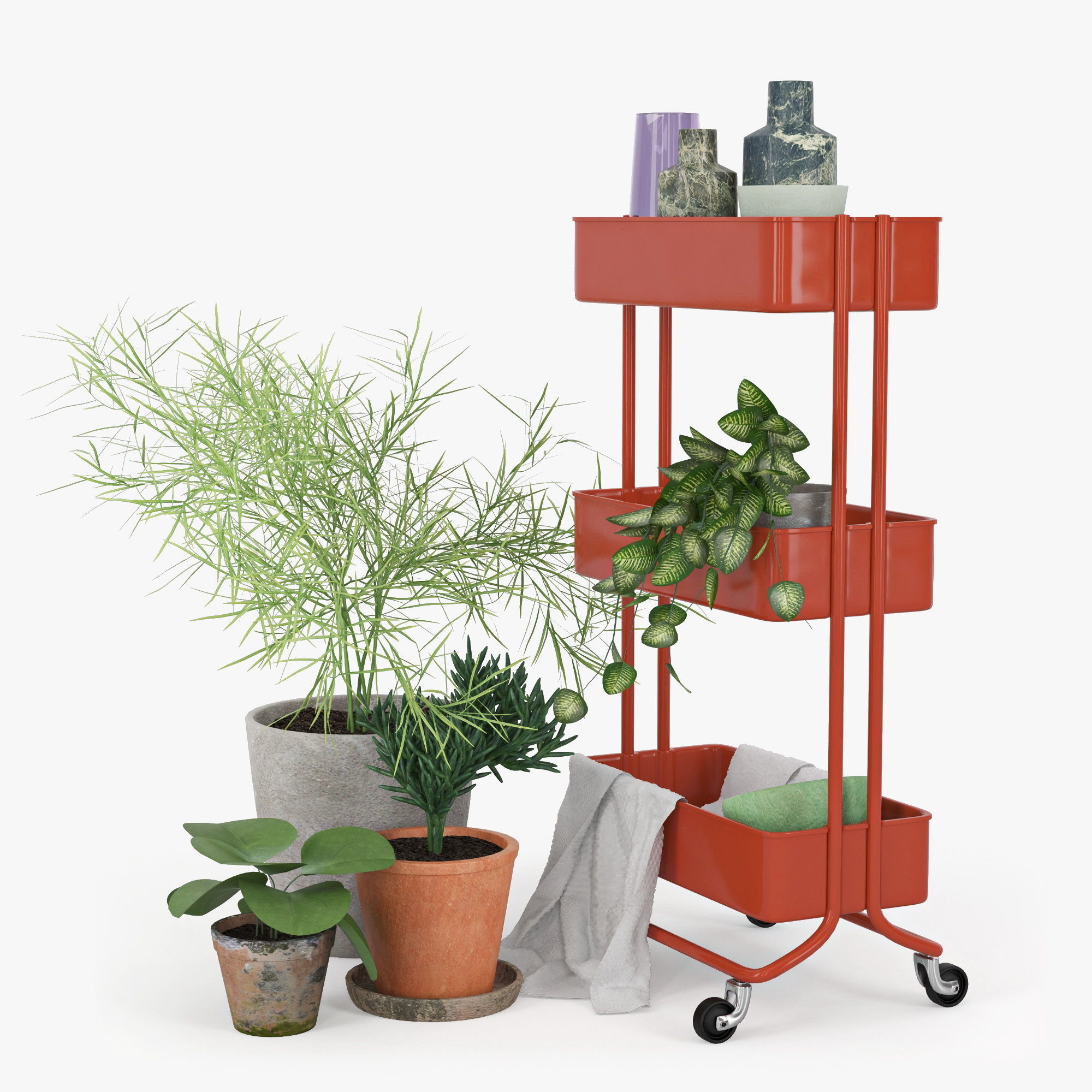 RASKOG three tier shelf cart with potted plants 3D model_2