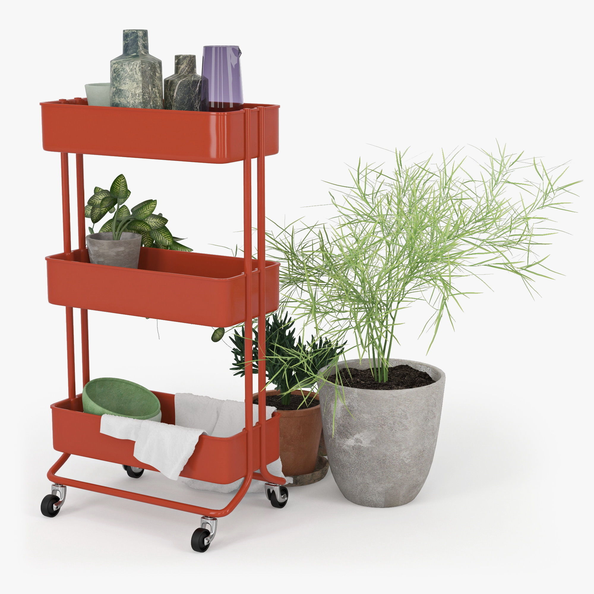 RASKOG three tier shelf cart with potted plants 3D model_3