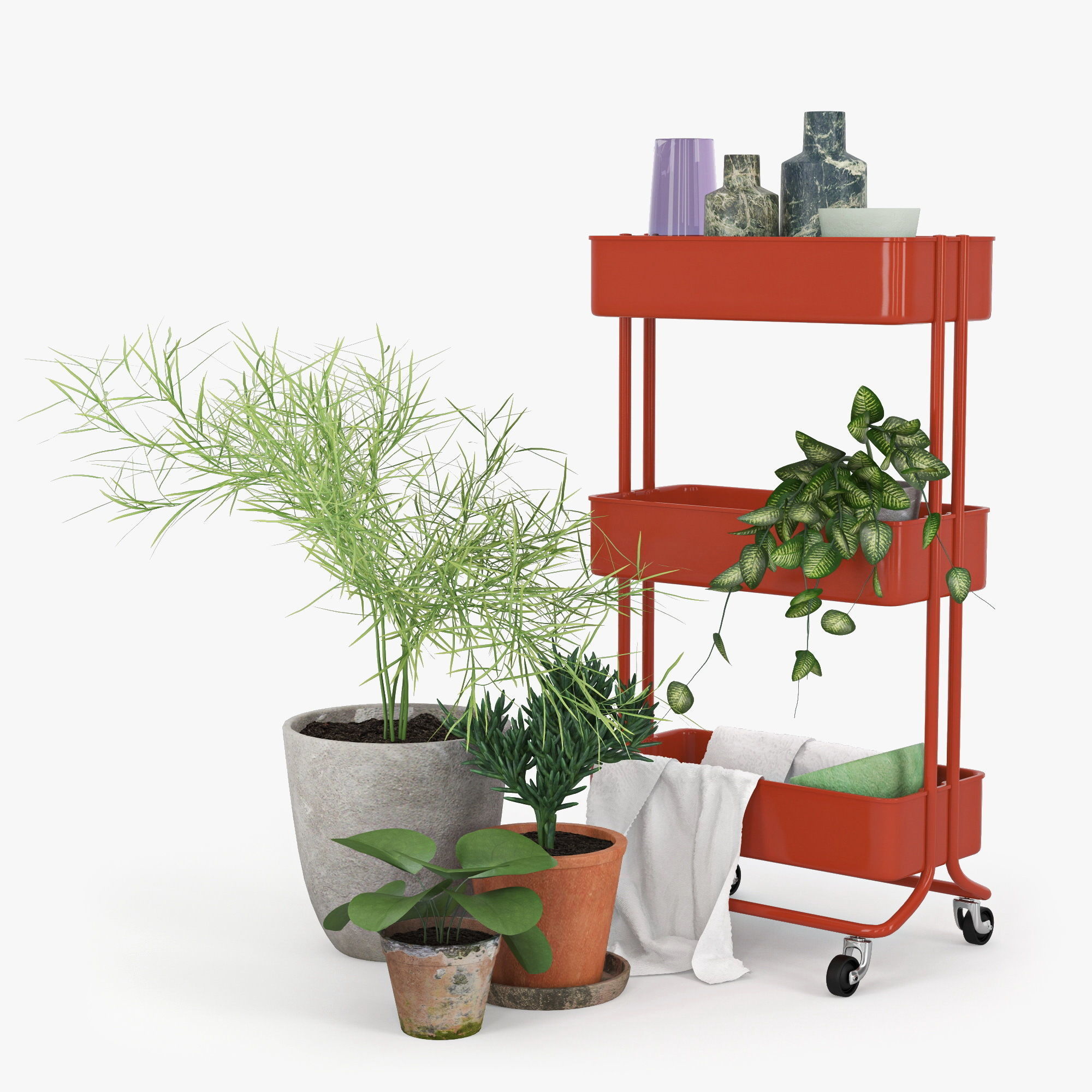 RASKOG three tier shelf cart with potted plants 3D model_1