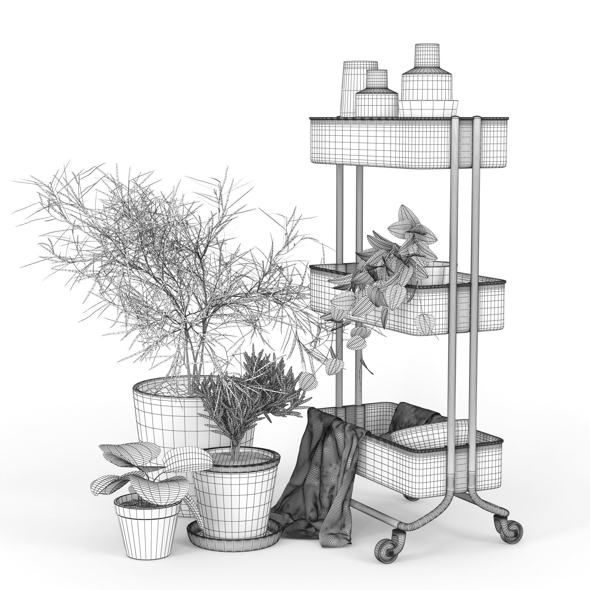 RASKOG three tier shelf cart with potted plants 3D model_4