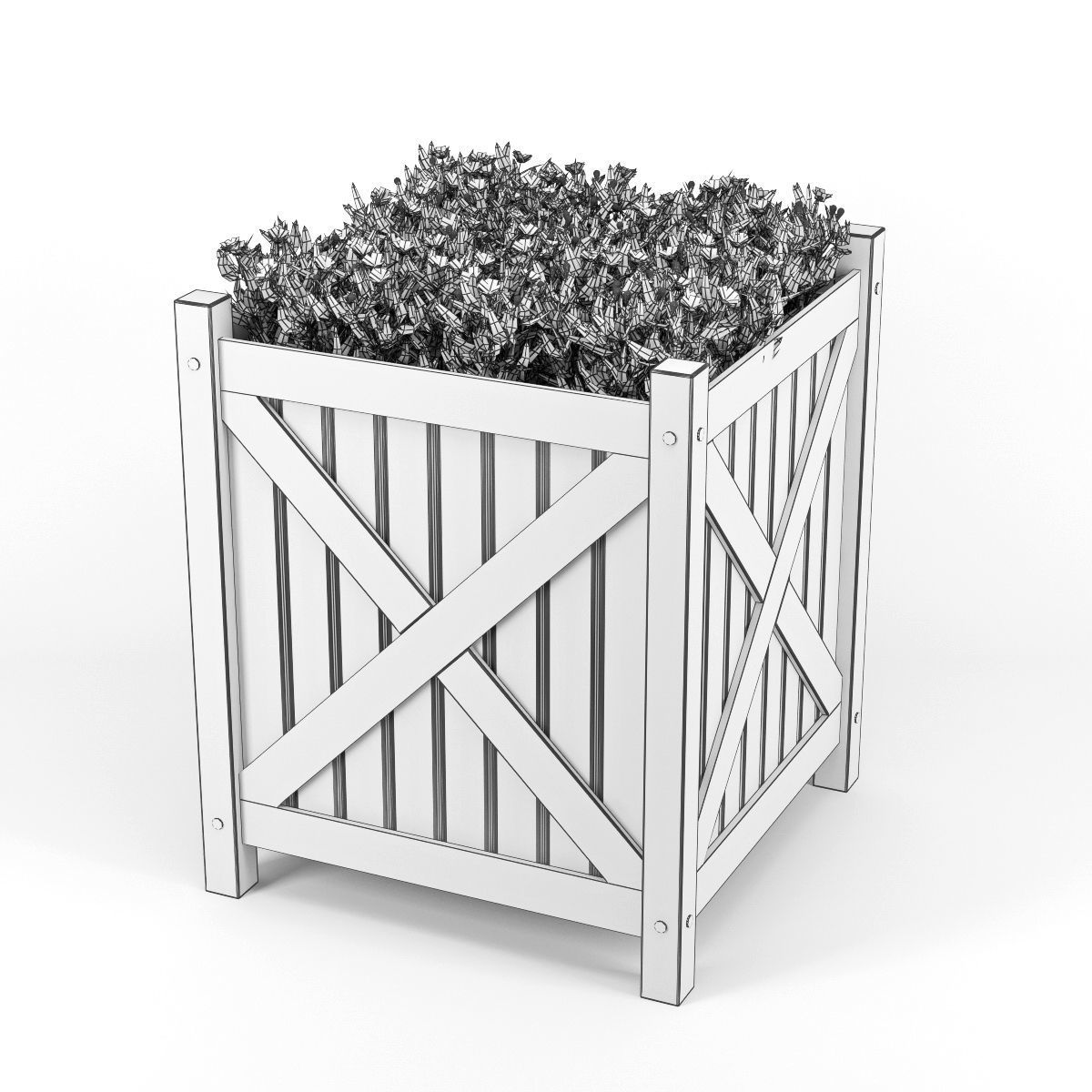 Flower wooden planter with flowers in it 3D model_7