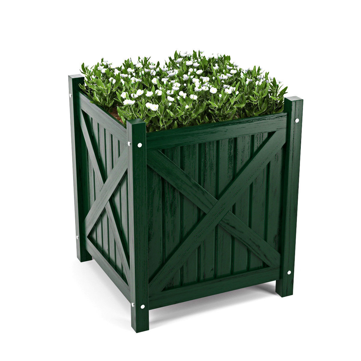 Flower wooden planter with flowers in it 3D model_1