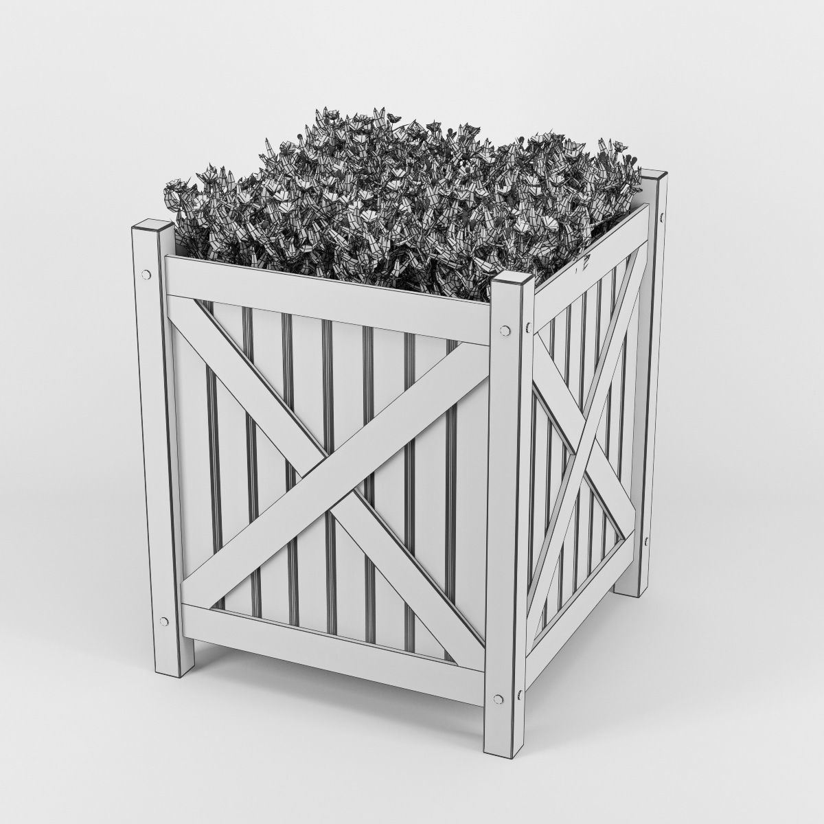 Flower wooden planter with flowers in it 3D model_9